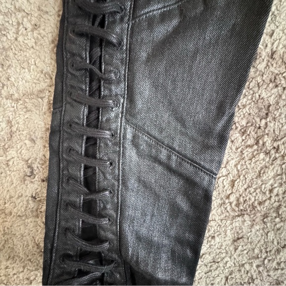 POLO RALPH LAUREN Black Wax Coated Moto Biker Jeans Side Laces SIZE 28 Low Rise - Picture 6 of 6